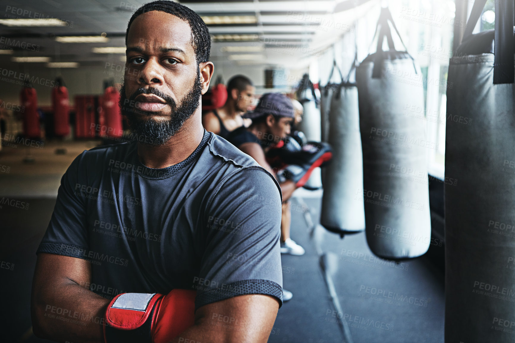 Buy stock photo Shot of a male boxer training at the gym