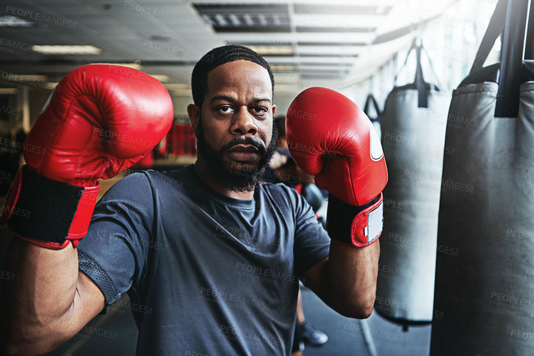 Buy stock photo Shot of a male boxer training at the gym