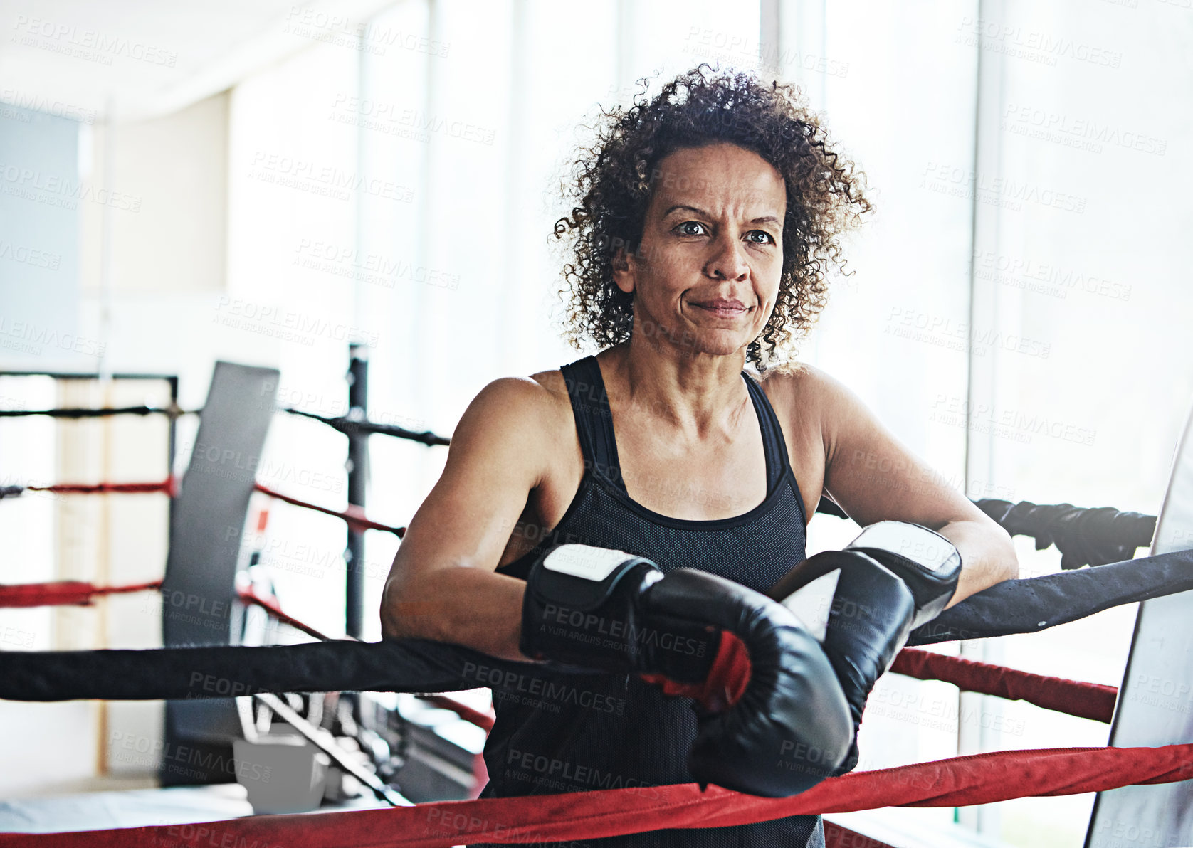 Buy stock photo Mature woman, boxer and ring for sports, exercise or training workout ready for fight at gym. Female fighter, boxing and competitive fitness for match, health and wellness with endurance and strength