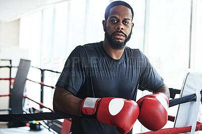 Buy stock photo Black man, boxer and portrait for training, wellness or fitness workout ready for fight at gym. African fighter, boxing and competitive sports for ring match, health and exercise with endurance