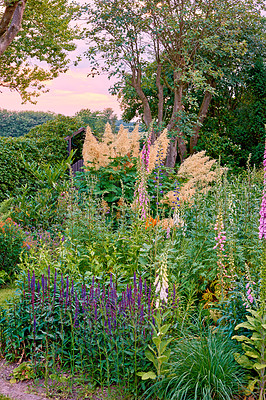 Buy stock photo A landscape view of pink foxglove, yellow foxtail lily, orange tecoma, purple Delphinium, vines, and fern under a bright pink sky. A beautiful view of the forest with different tropical flora.