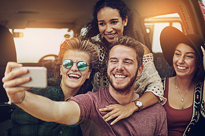 Buy stock photo People, caravan and happy road trip for selfie, social media and post update for online weekend blog with friends. Together, outside and photography or holiday profile picture, smile and traveling