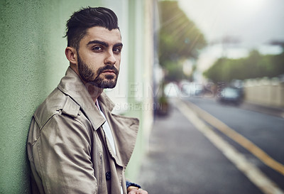 Buy stock photo Portrait of a fashionable young man wearing urban wear in the city