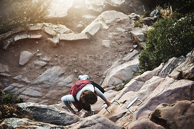 Buy stock photo Mountain, person and ladder for hike with top view, fitness and training for weekend hobby. Nature, sports and workout for outdoor adventure, alone and climbing for explore and trekking for exercise