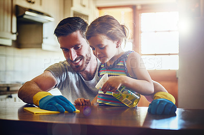 Buy stock photo Cleaning, kitchen and family, father and child for hygiene development, support and helping at home. Learning, teaching and kindergarten girl or kid with dad clean counter with liquid soap and cloth