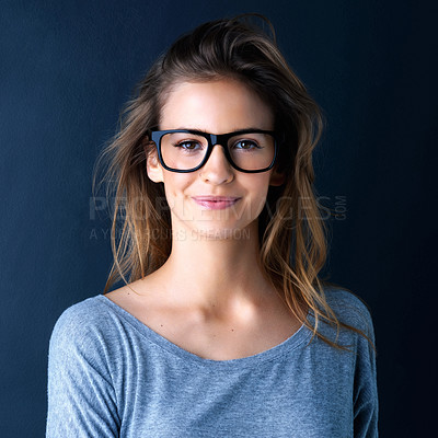 Buy stock photo Studio, teenager or portrait of a girl for fashion, beauty or eyewear with vision isolated on dark background. Style, happy or face of a beautiful young woman or confident model with glasses or smile
