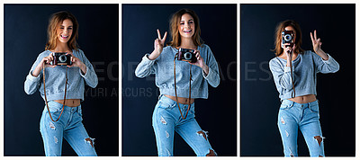 Buy stock photo Multiple image shot of a cute teenage girl with a vintage camera posing against a dark background