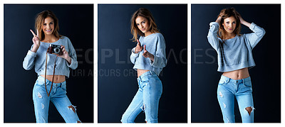 Buy stock photo Multiple image shot of a cute teenage girl posing against a dark background