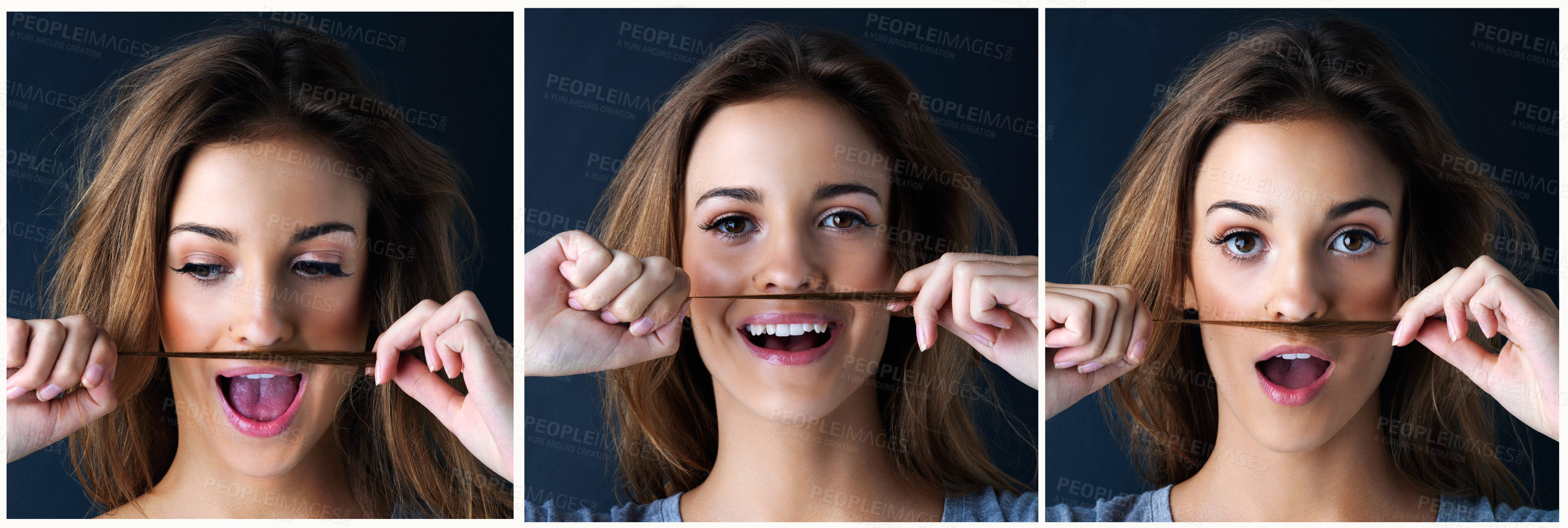 Buy stock photo Multiple image shot of a cute teenage girl making a mustache with her hair against a dark background
