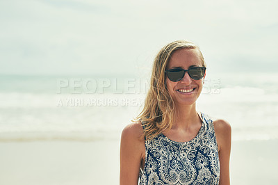 Buy stock photo Portrait of a happy young woman exploring an exotic destination alone