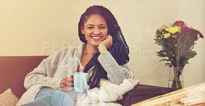 Buy stock photo Smile, coffee and portrait of woman on sofa for calm, morning and weekend. Peace, satisfaction and cappuccino with African person with cup in living room at home for drink, happy and wellness