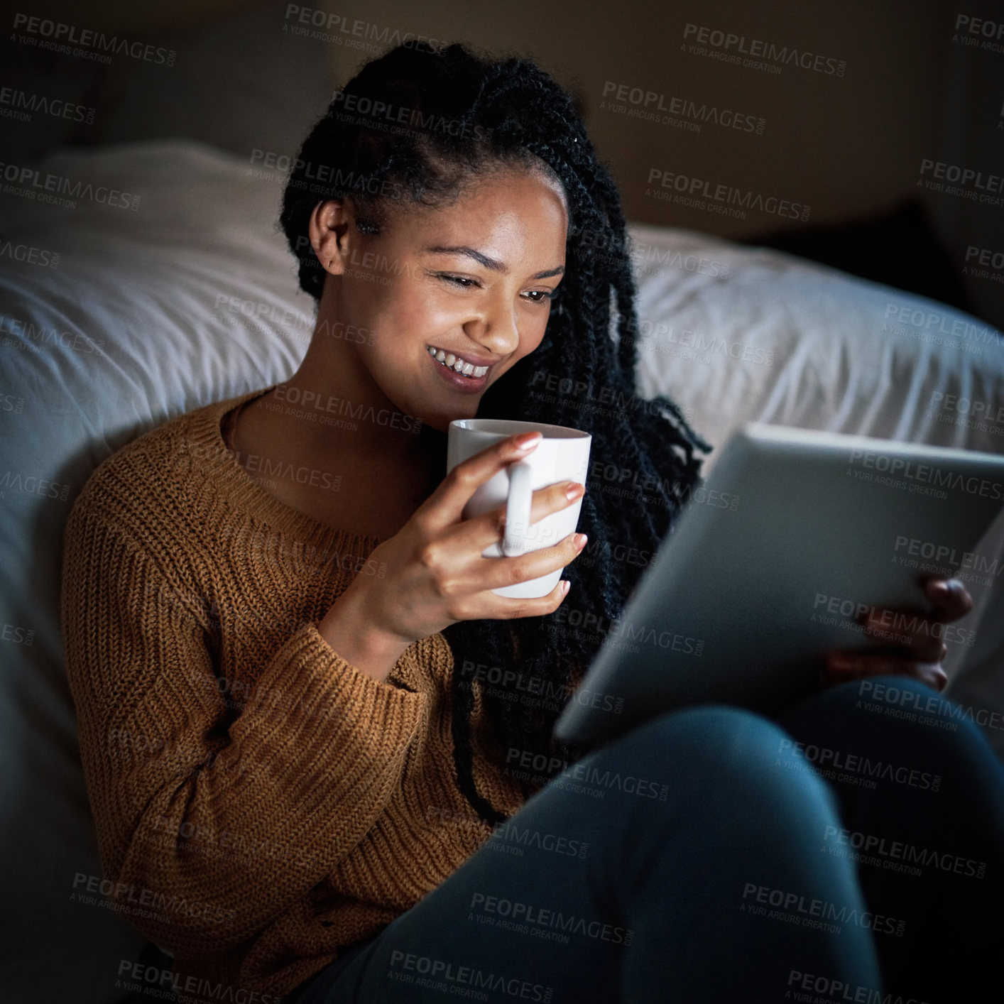 Buy stock photo Night, bedroom and woman on tablet with drink for movies, reading ebook and internet. Home, happy and person on digital tech for entertainment, streaming subscription and watching videos in dark