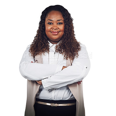 Buy stock photo Proud, portrait and business woman in studio, empowered and confident on white background. Face, leader and black woman standing in power, ambition and confidence, assertive and positive or isolated