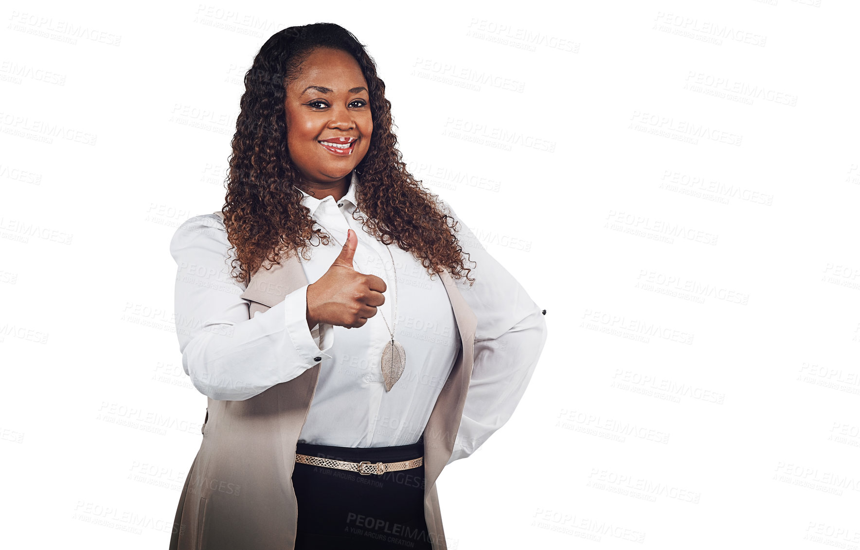 Buy stock photo Thumbs up, studio, and portrait of business woman with thank you sign while on white background. Black woman, hand and success gesture by boss thumbsup for yes, approval and agree while isolated