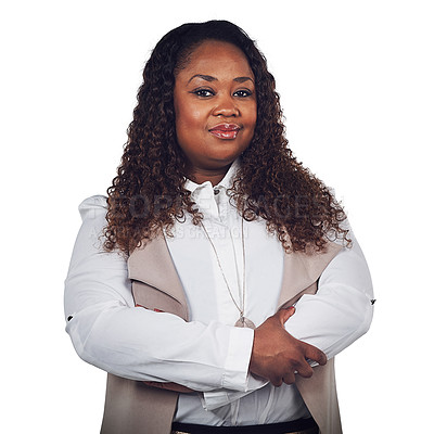 Buy stock photo Black woman, portrait and proud business owner in studio with attitude, ambition and white background. Face, black business and lady manager empowered, assertive and mindset while standing isolated