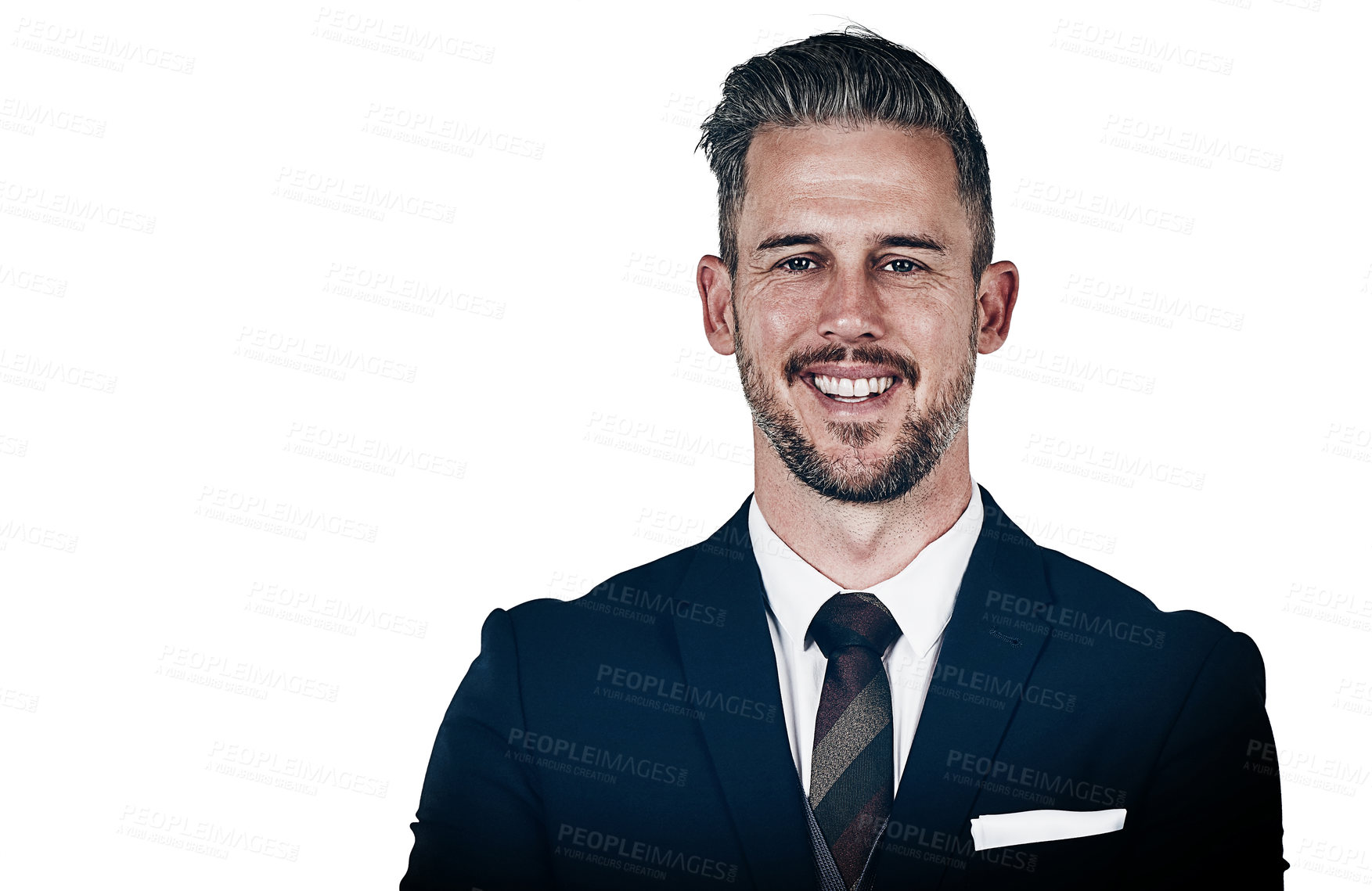 Buy stock photo Studio portrait of a confident businessman posing against a white background