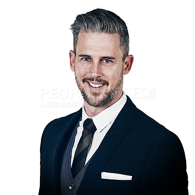 Buy stock photo Studio portrait of a confident businessman posing against a white background