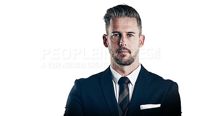 Buy stock photo Studio portrait of a confident businessman posing against a white background