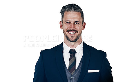 Buy stock photo Studio portrait of a confident businessman posing against a white background