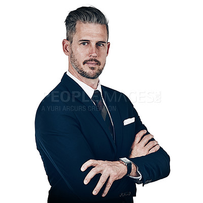 Buy stock photo Studio portrait of a confident businessman posing against a white background