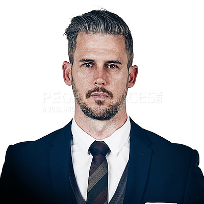 Buy stock photo Studio portrait of a confident businessman posing against a white background