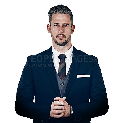 Buy stock photo Studio portrait of a confident businessman posing against a white background