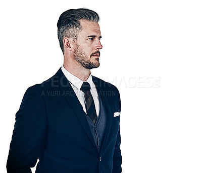 Buy stock photo Studio shot of a businessman looking thoughtful against a white background