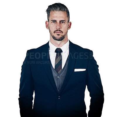 Buy stock photo Studio portrait of a confident businessman posing against a white background