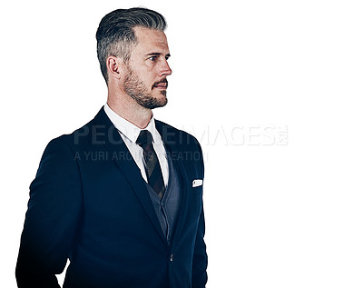 Buy stock photo Studio shot of a businessman looking thoughtful against a white background