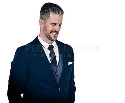 Buy stock photo Studio shot of a happy businessman posing against a white background