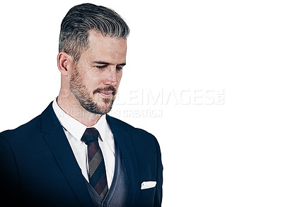 Buy stock photo Studio shot of a businessman looking thoughtful against a white background