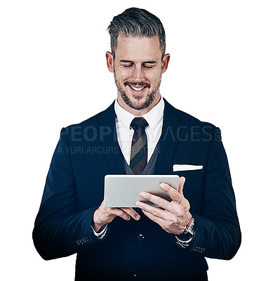 Buy stock photo Studio shot of a businessman using a digital tablet against a white background