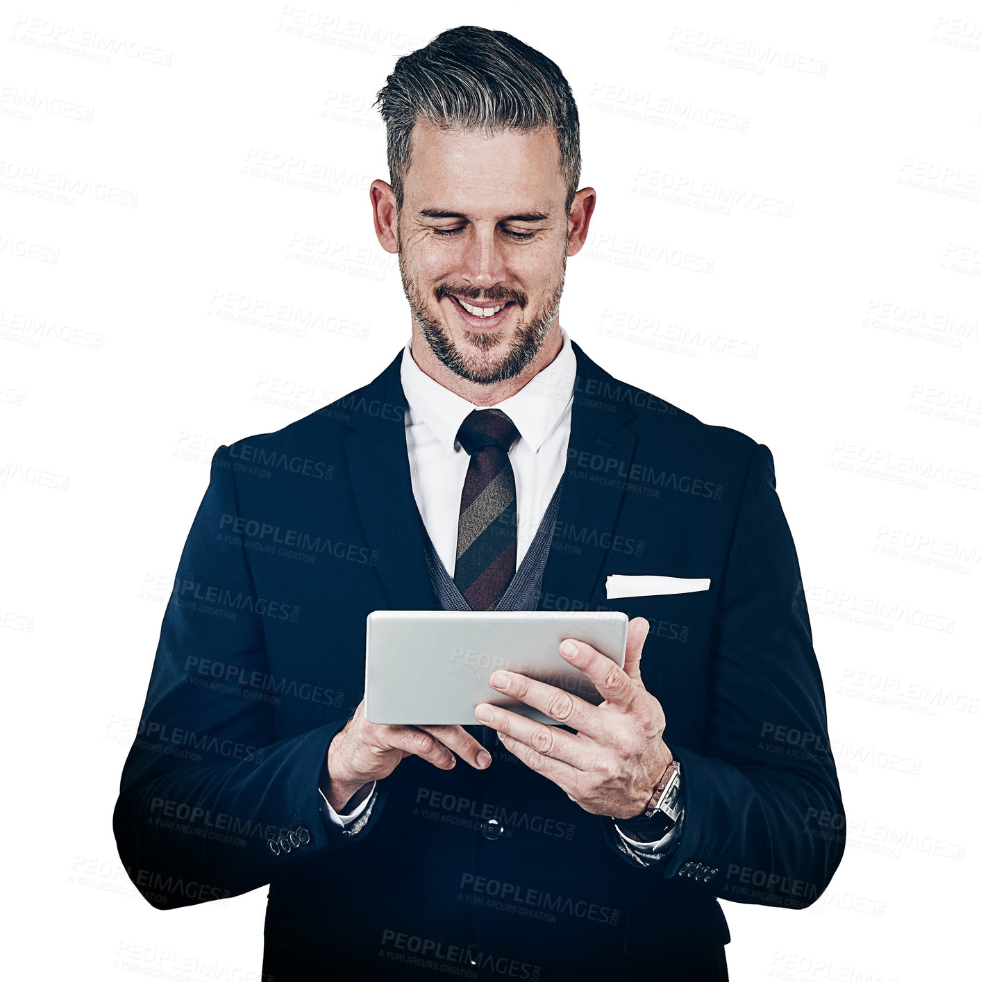 Buy stock photo Studio shot of a businessman using a digital tablet against a white background