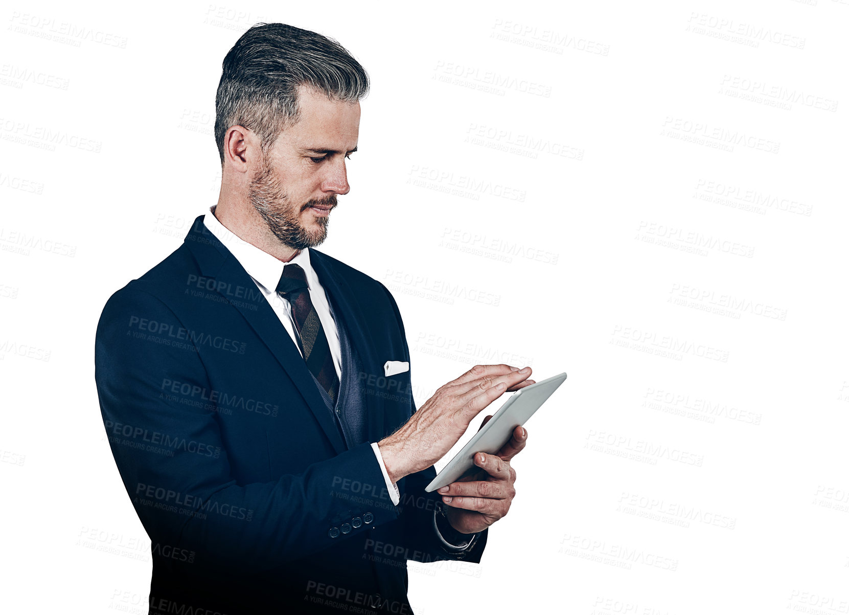 Buy stock photo Tablet, reading and businessman in studio by mockup for finance report with email for communication. Technology, trading and financial manager with contact for profit growth by white background.