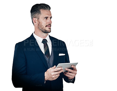 Buy stock photo Studio shot of a businessman using a digital tablet against a white background