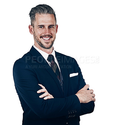 Buy stock photo Studio portrait of a confident businessman posing against a white background