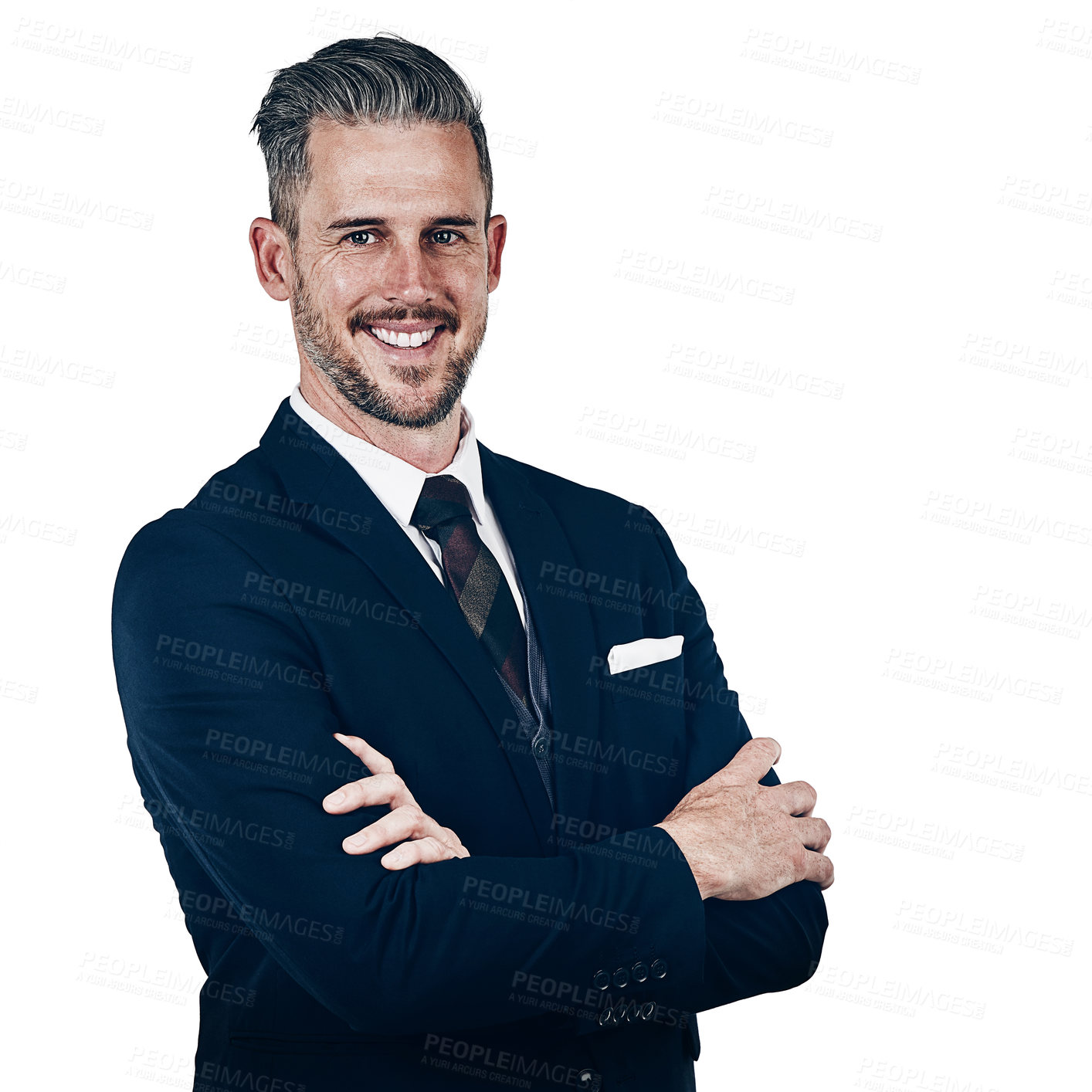 Buy stock photo Studio portrait of a confident businessman posing against a white background