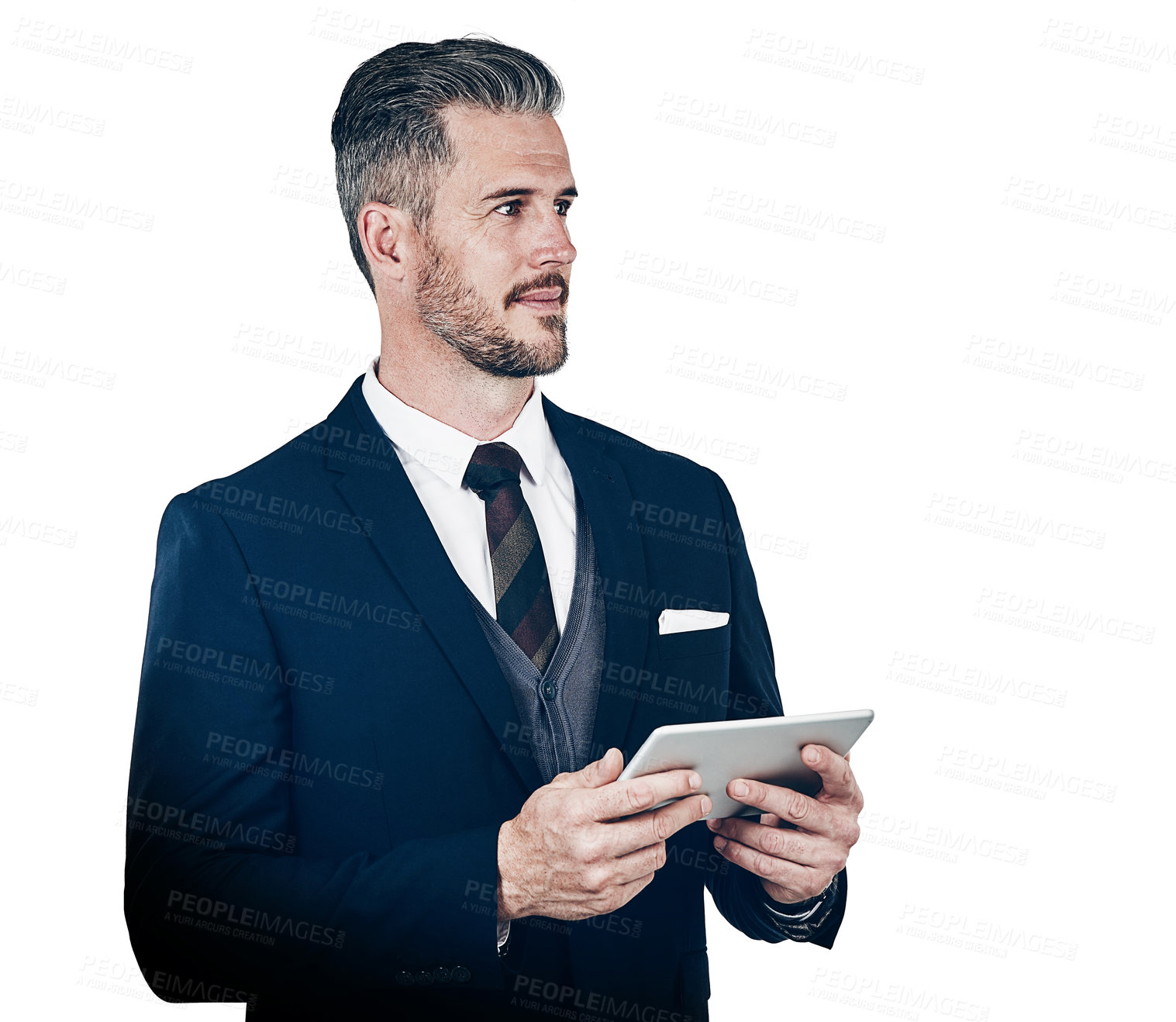 Buy stock photo Studio shot of a businessman using a digital tablet against a white background