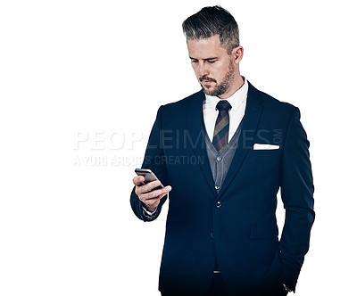 Buy stock photo Studio shot of a businessman using a mobile phone against a white background