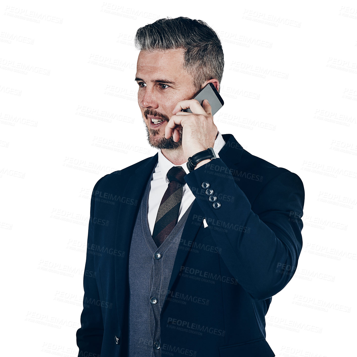 Buy stock photo Studio shot of a businessman using a mobile phone against a white background