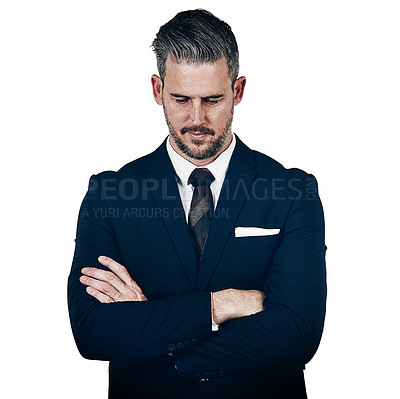 Buy stock photo Studio shot of a businessman looking disappointed against a white background