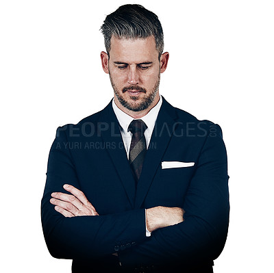 Buy stock photo Studio shot of a businessman looking disappointed against a white background