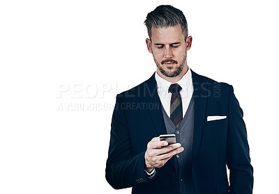 Buy stock photo Mobile, corporate and business man in studio for share price, investment or trading results. Phone, reading and broker on app for financial review, online news and email on white background space