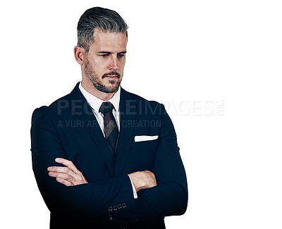 Buy stock photo Studio shot of a businessman looking thoughtful against a white background