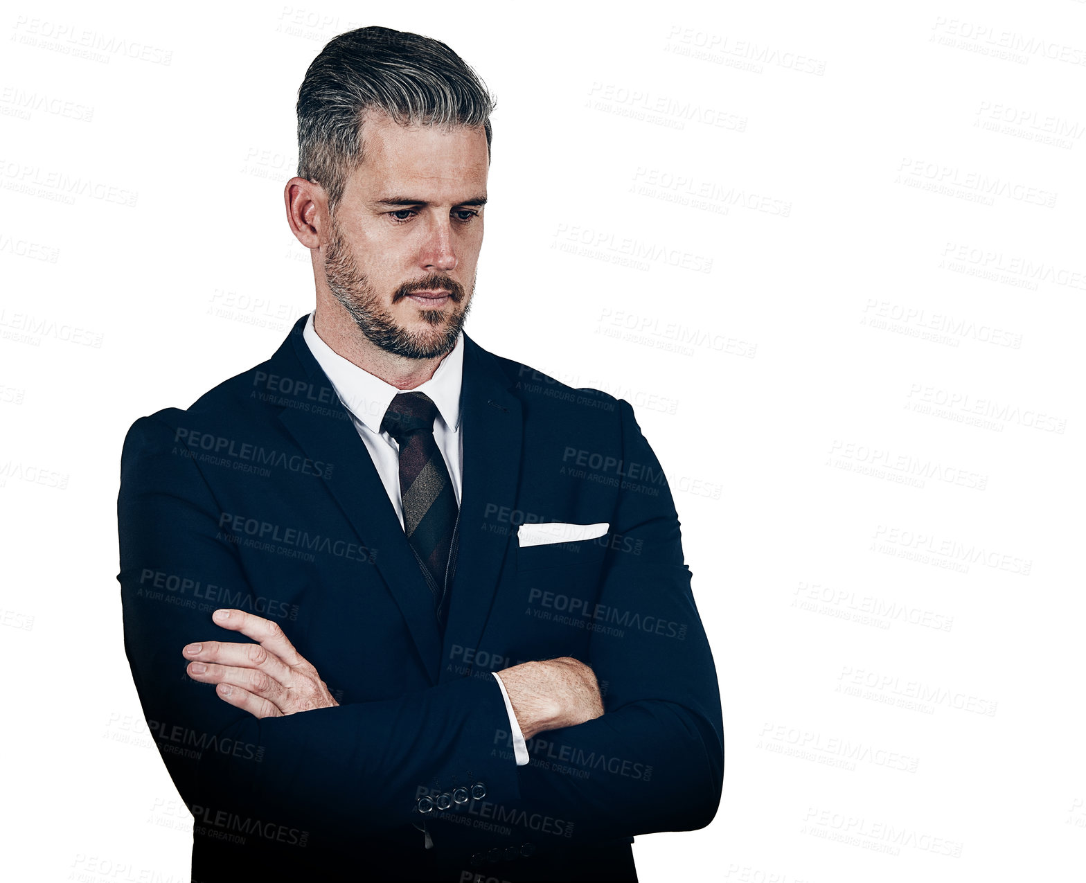 Buy stock photo Studio shot of a businessman looking thoughtful against a white background