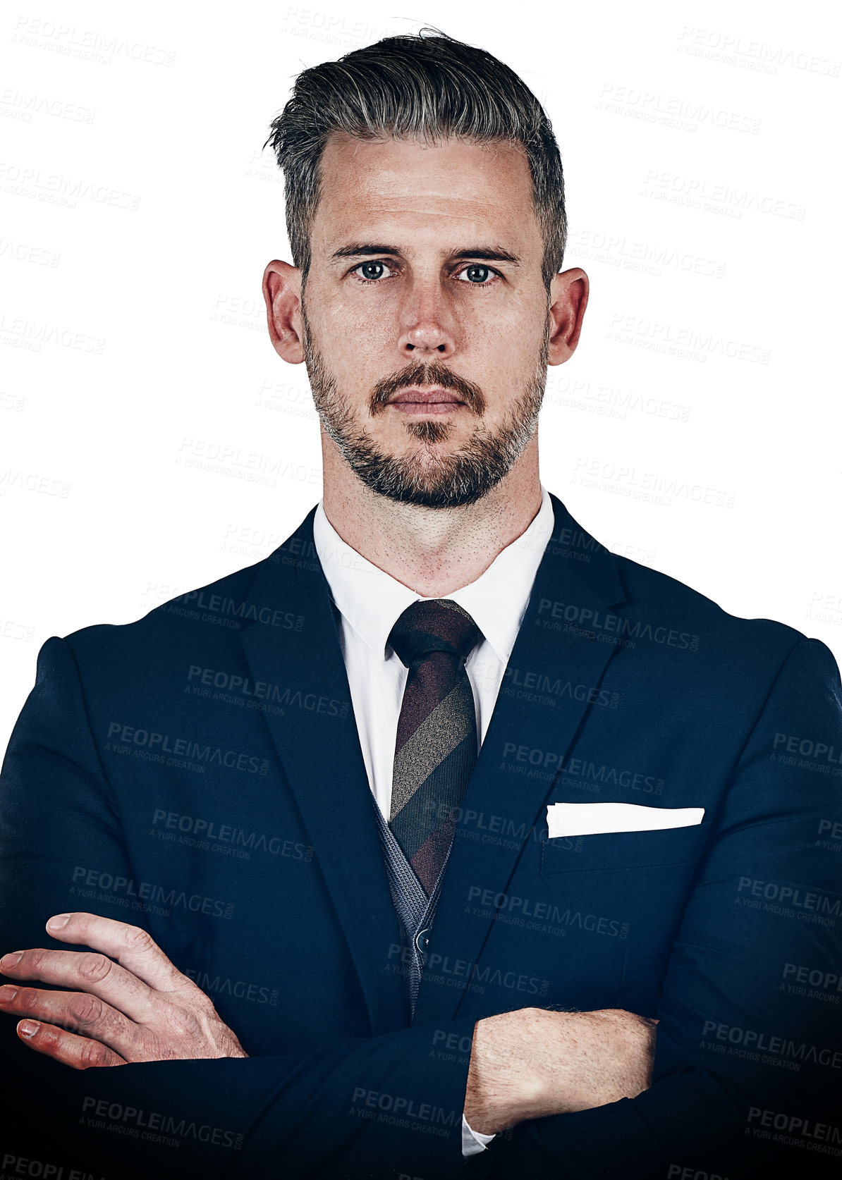 Buy stock photo Studio portrait of a confident businessman posing against a white background