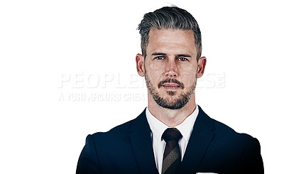 Buy stock photo Studio portrait of a confident businessman posing against a white background