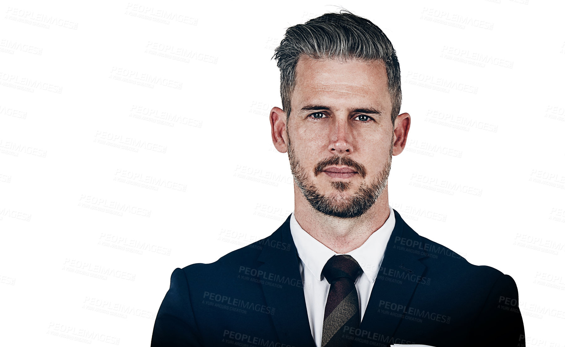 Buy stock photo Studio portrait of a confident businessman posing against a white background