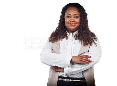 Buy stock photo Smile, portrait and business woman in studio, proud and empowered against a white background. Happy, leader and confident black woman with ambitious, goal and mindset standing, confident and isolated