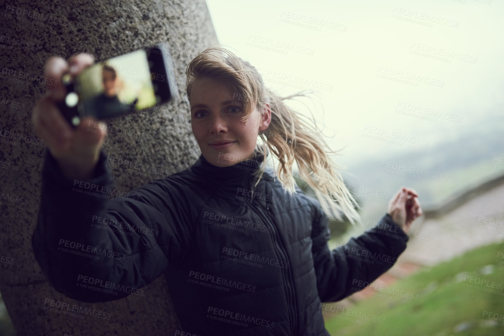Buy stock photo Selfie, travel and women in nature for social media, online post and profile picture for memories. Happy, fitness and person take photo for vacation, holiday and relaxing outdoors for wellness